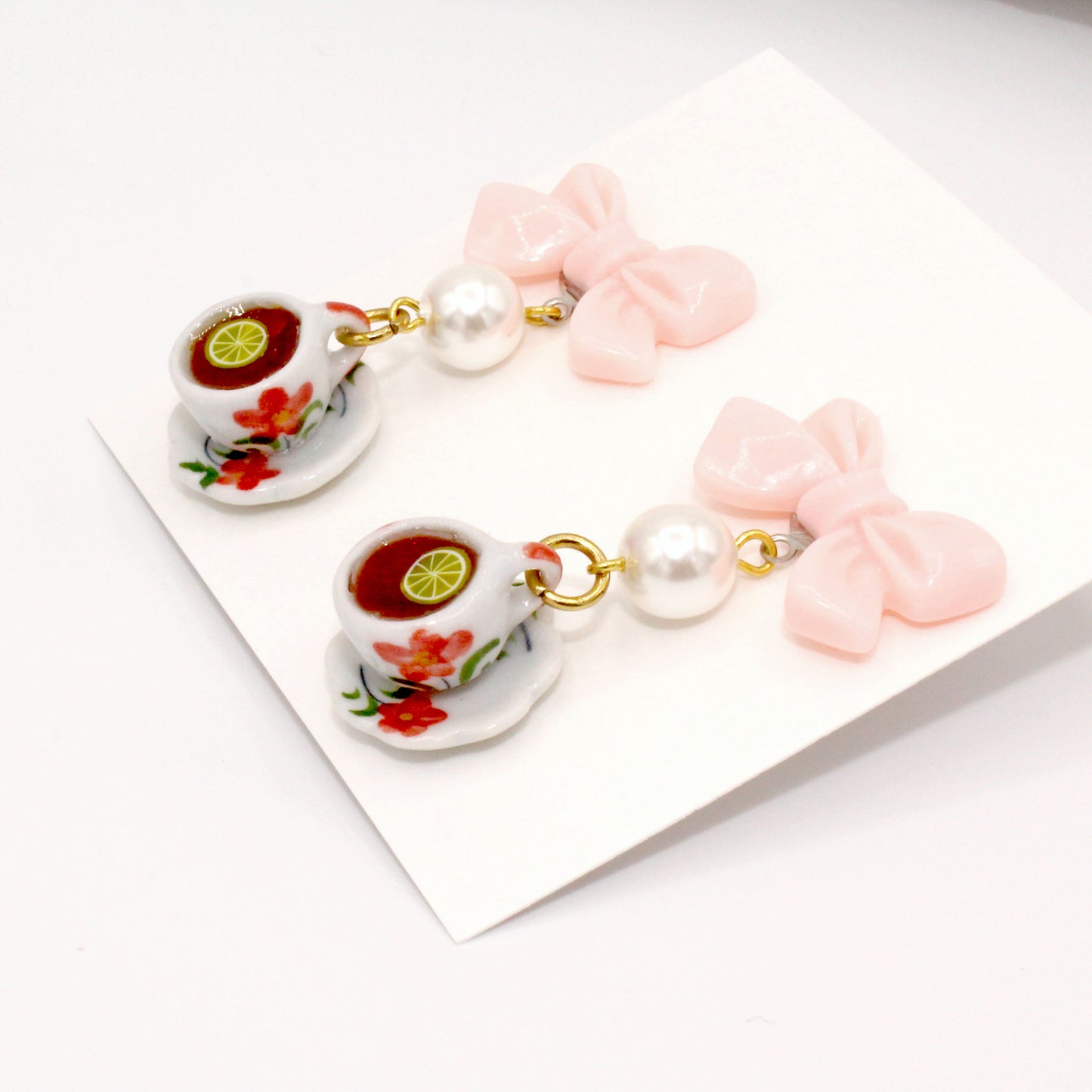 Pink Bow and Pearls Tiny Teacup Earrings Cup of High Tea Jewelry gift for friend novelty handmade victorian revival