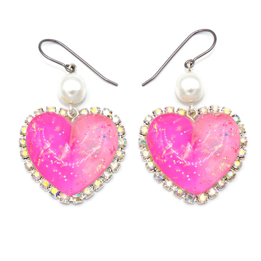 kawaii handmade resin heart glitter earrings crystal rhinestone hot pink