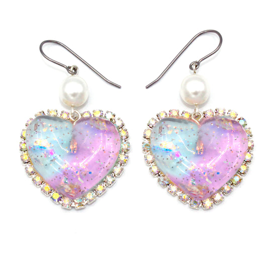 kawaii handmade resin heart glitter earrings crystal rhinestone purple blue