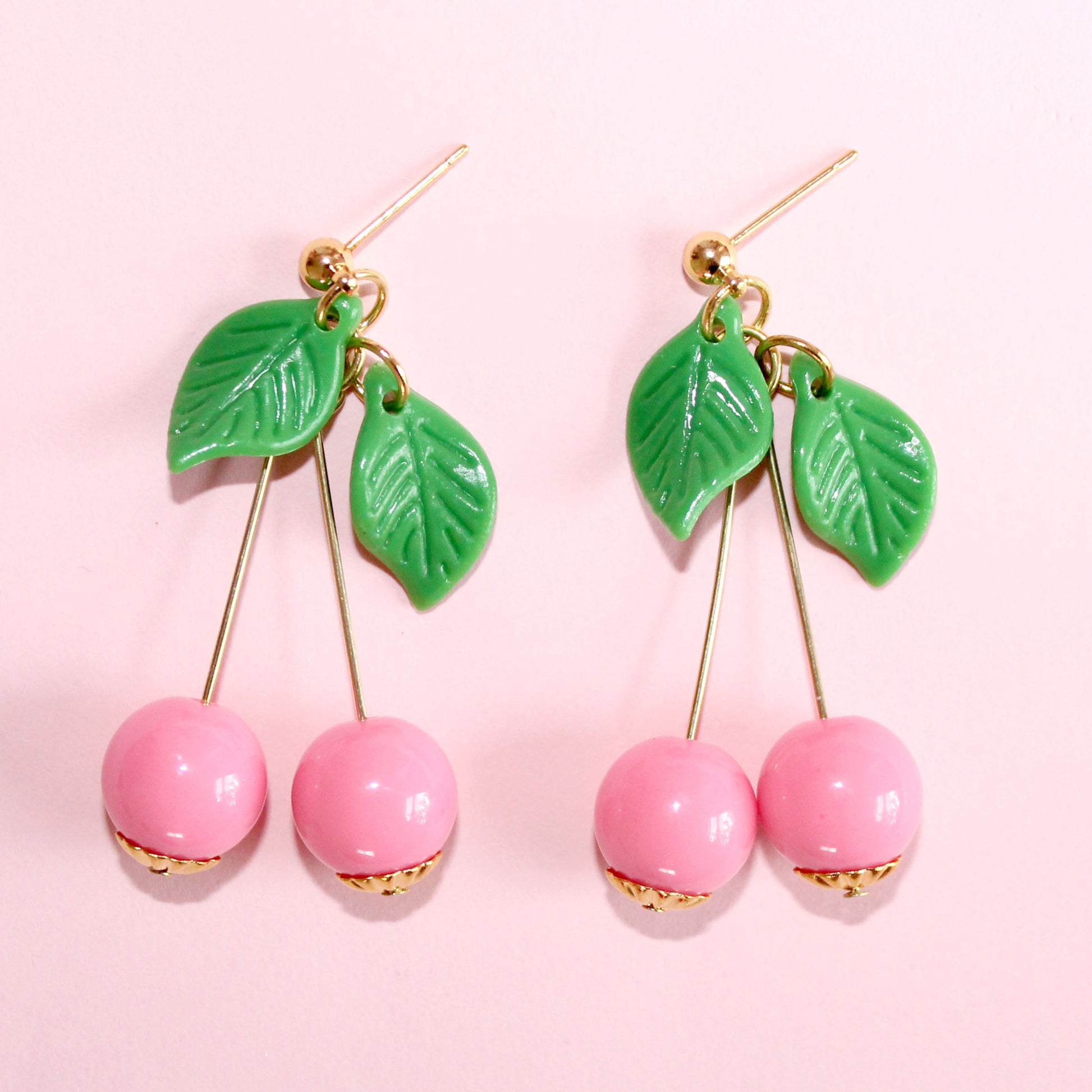 Dainty Pink Cherry Drop Earrings, Fruit Statement Earrings, Gold Finish, Handmade in the USA