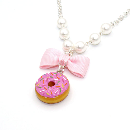 Pink or Chocolate Mini Donut and Pearls Necklace