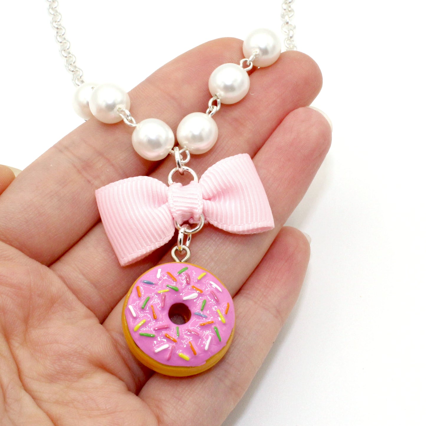 Pink or Chocolate Mini Donut and Pearls Necklace