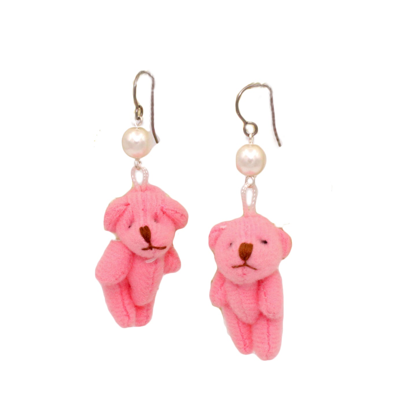 Plush Pink Teddy Bear Earrings with Pearls