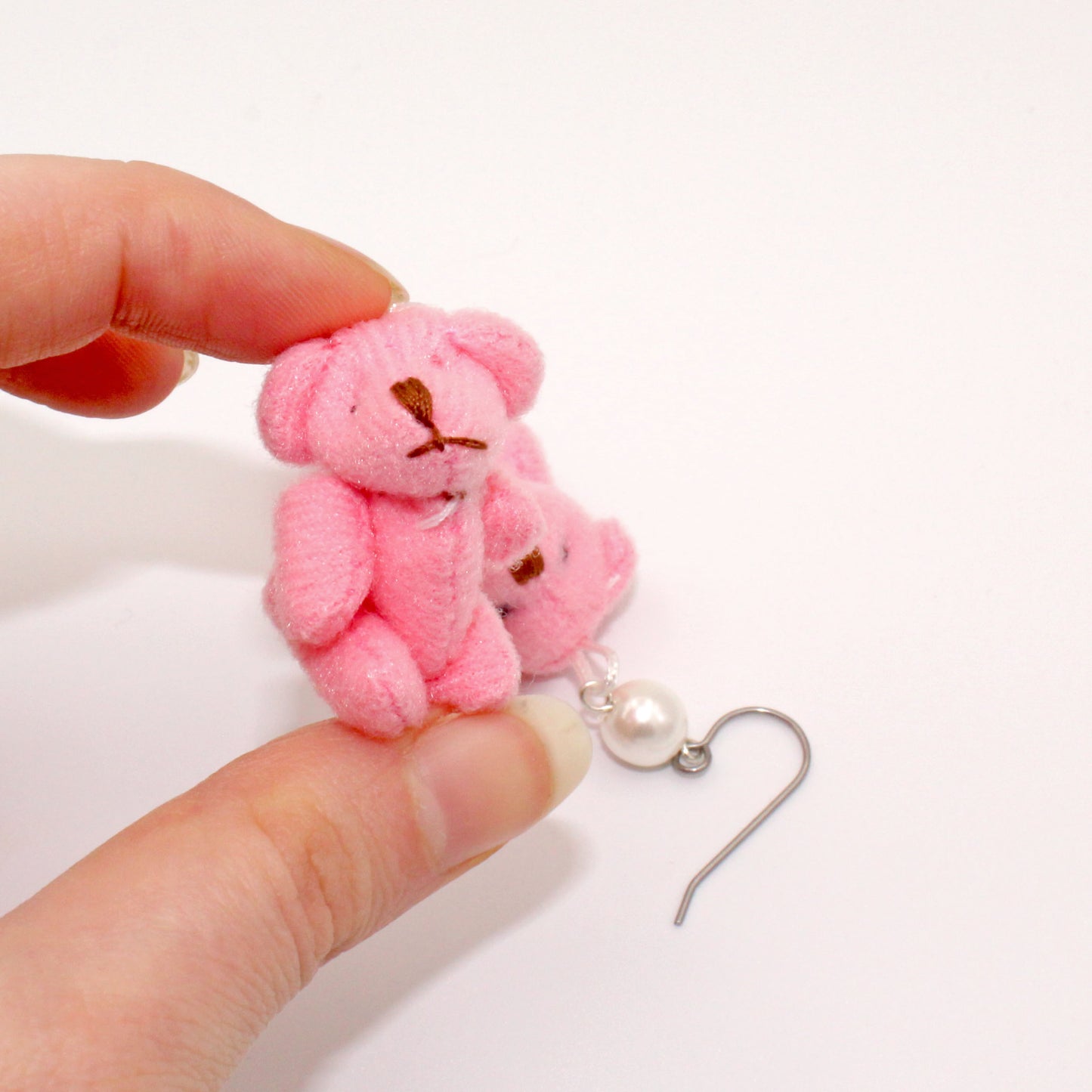 Plush Pink Teddy Bear Earrings with Pearls
