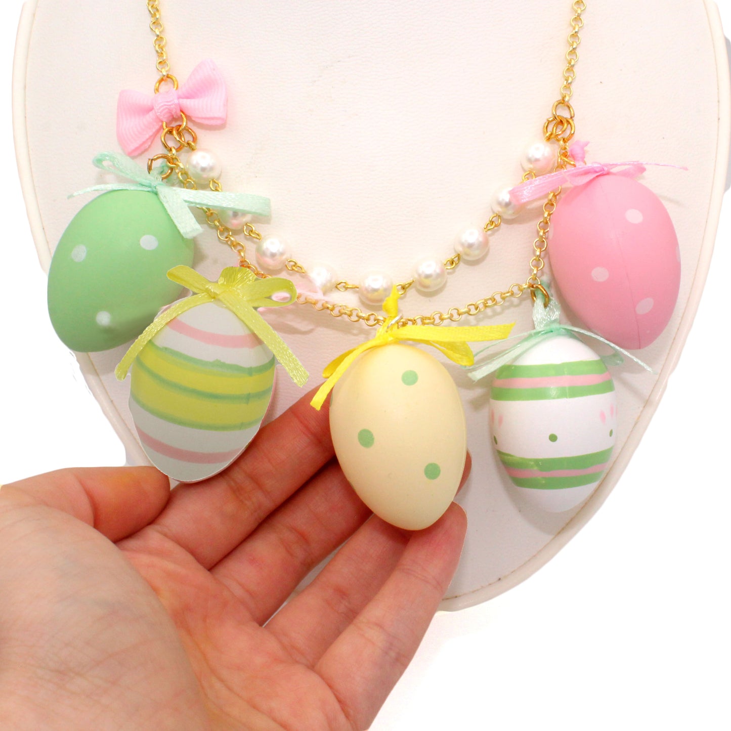 Easter Egg Statement Charm Necklace Pastel Pink Bows Green and Yellow Kawaii Handmade Jewelry