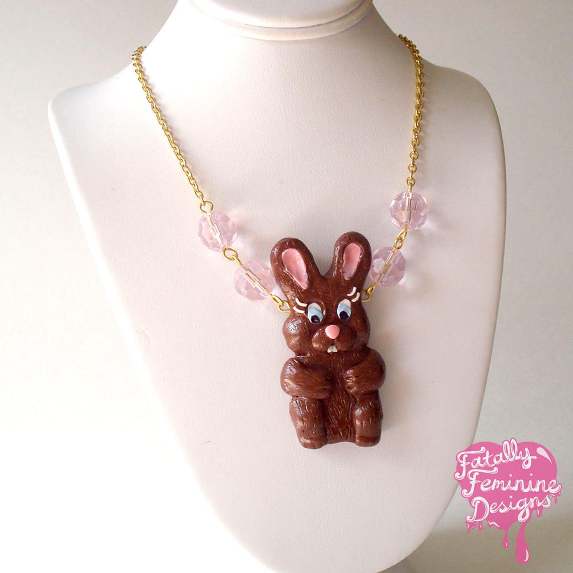 Kawaii Chocolate Bunny Pendant Necklace, Handmade in Polymer Clay by Fatally Feminine