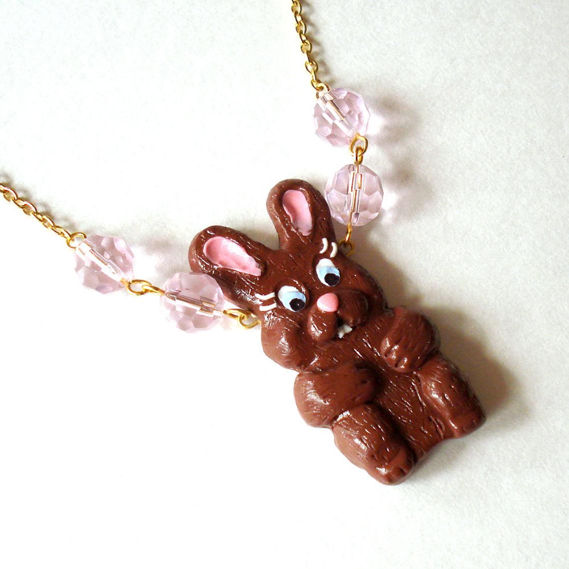 Kawaii Chocolate Bunny Pendant Necklace, Handmade in Polymer Clay by Fatally Feminine