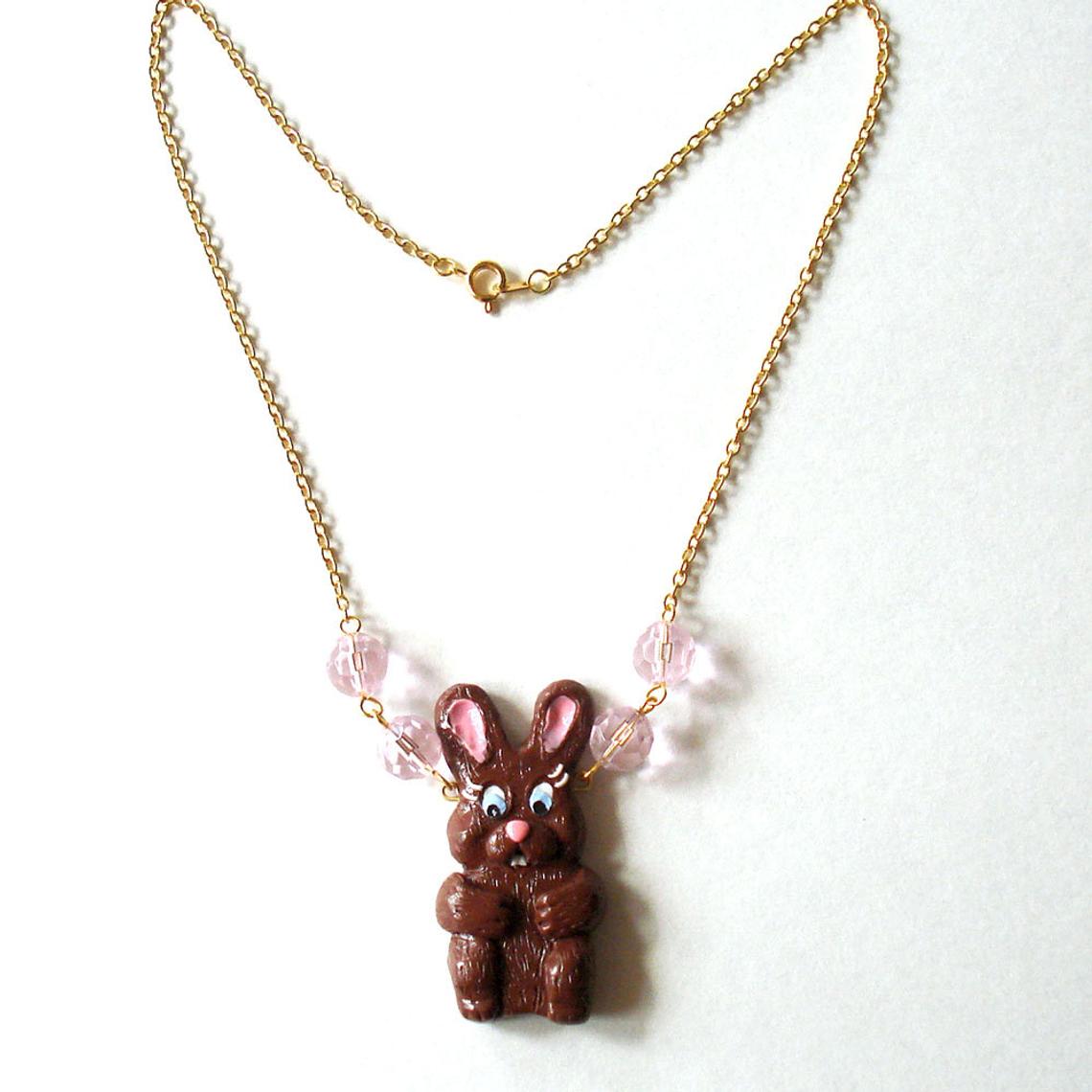 Kawaii Chocolate Bunny Pendant Necklace, Handmade in Polymer Clay by Fatally Feminine