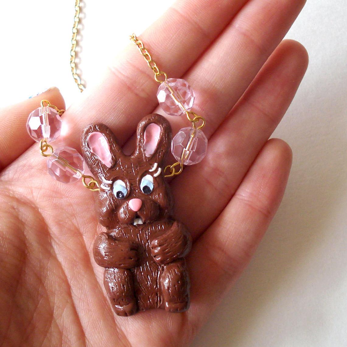 Kawaii Chocolate Bunny Pendant Necklace, Handmade in Polymer Clay by Fatally Feminine