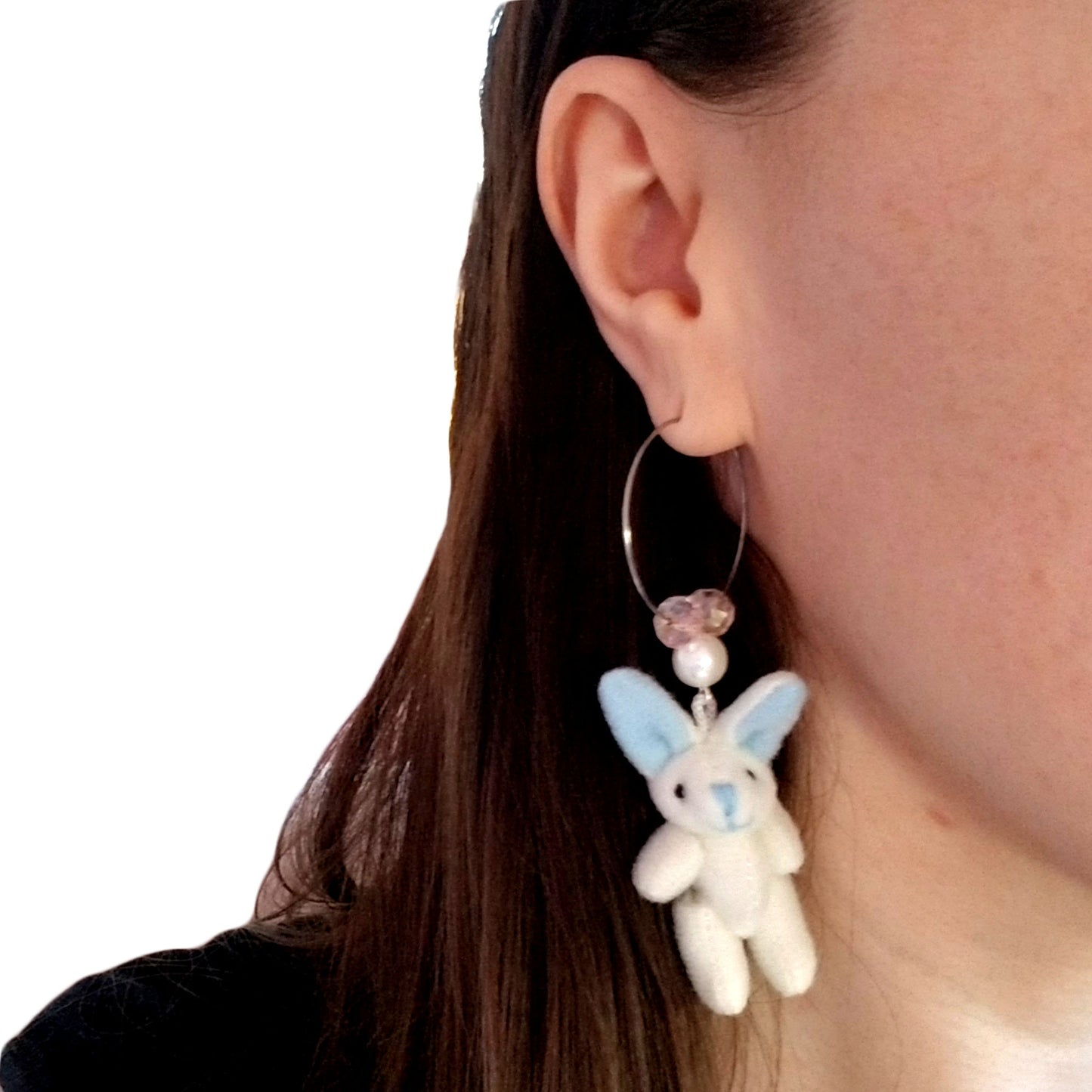 Kawaii Plush Easter Bunny Hoop Statement Earrings - Hypoallergenic Steel