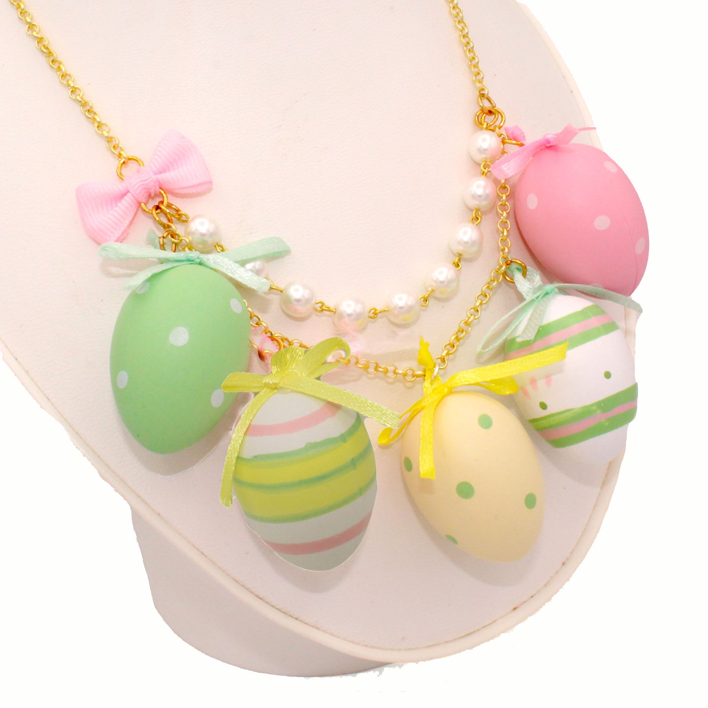 Easter Egg Statement Charm Necklace Pastel Pink Bows Green and Yellow Kawaii Handmade Jewelry