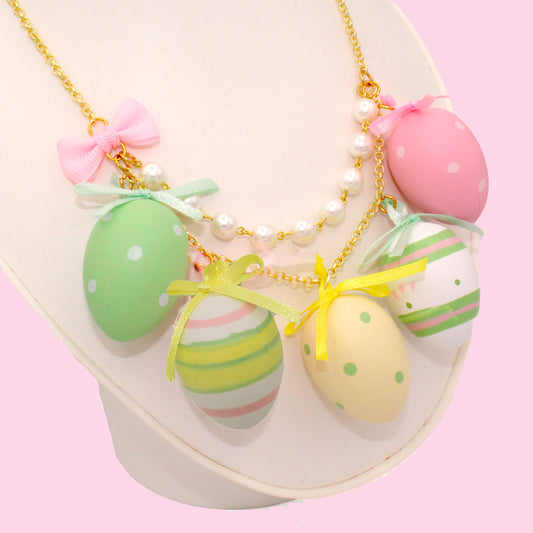 Easter Egg Statement Charm Necklace Pastel Pink Bows Green and Yellow Kawaii Handmade Jewelry