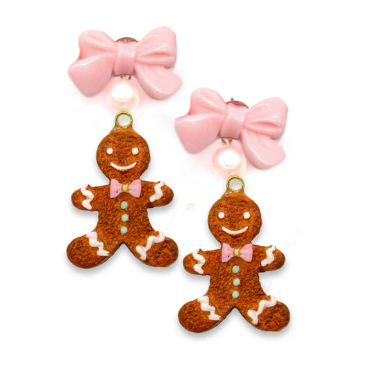 Gingerbread Man Cookie Bow and Pearl Earrings - Limited Edition Holiday Collection