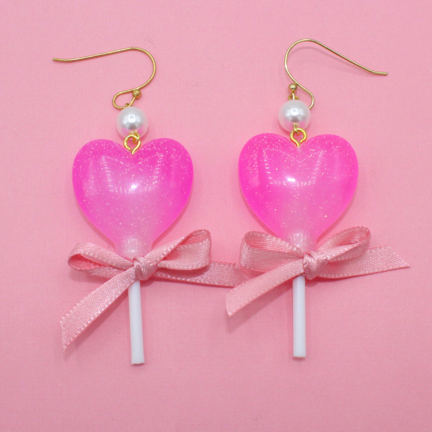 Hot Pink Heart Lollipop Earrings - Gold or Silver - Fatally Feminine Designs