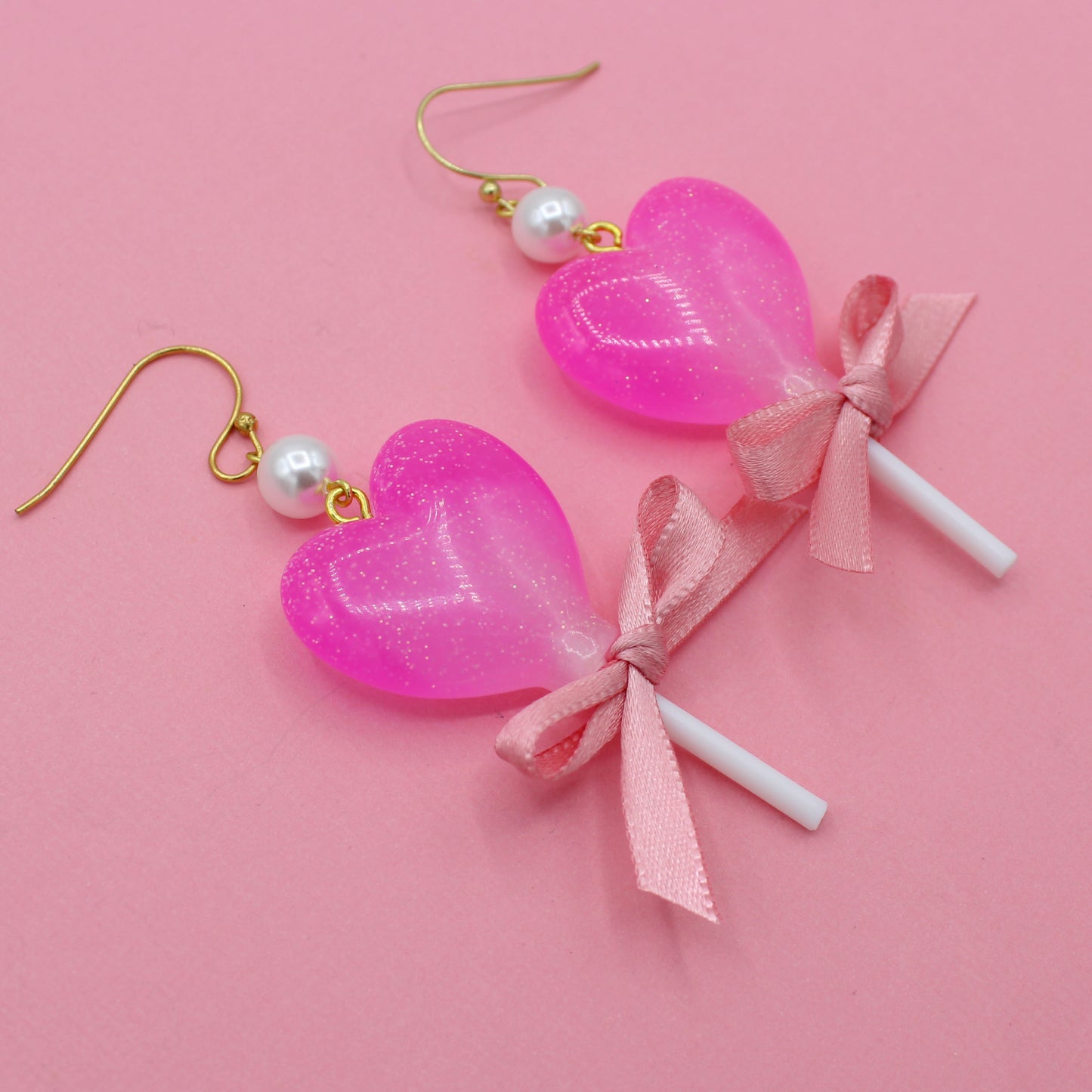 Hot Pink Heart Lollipop Earrings - Gold or Silver - Fatally Feminine Designs