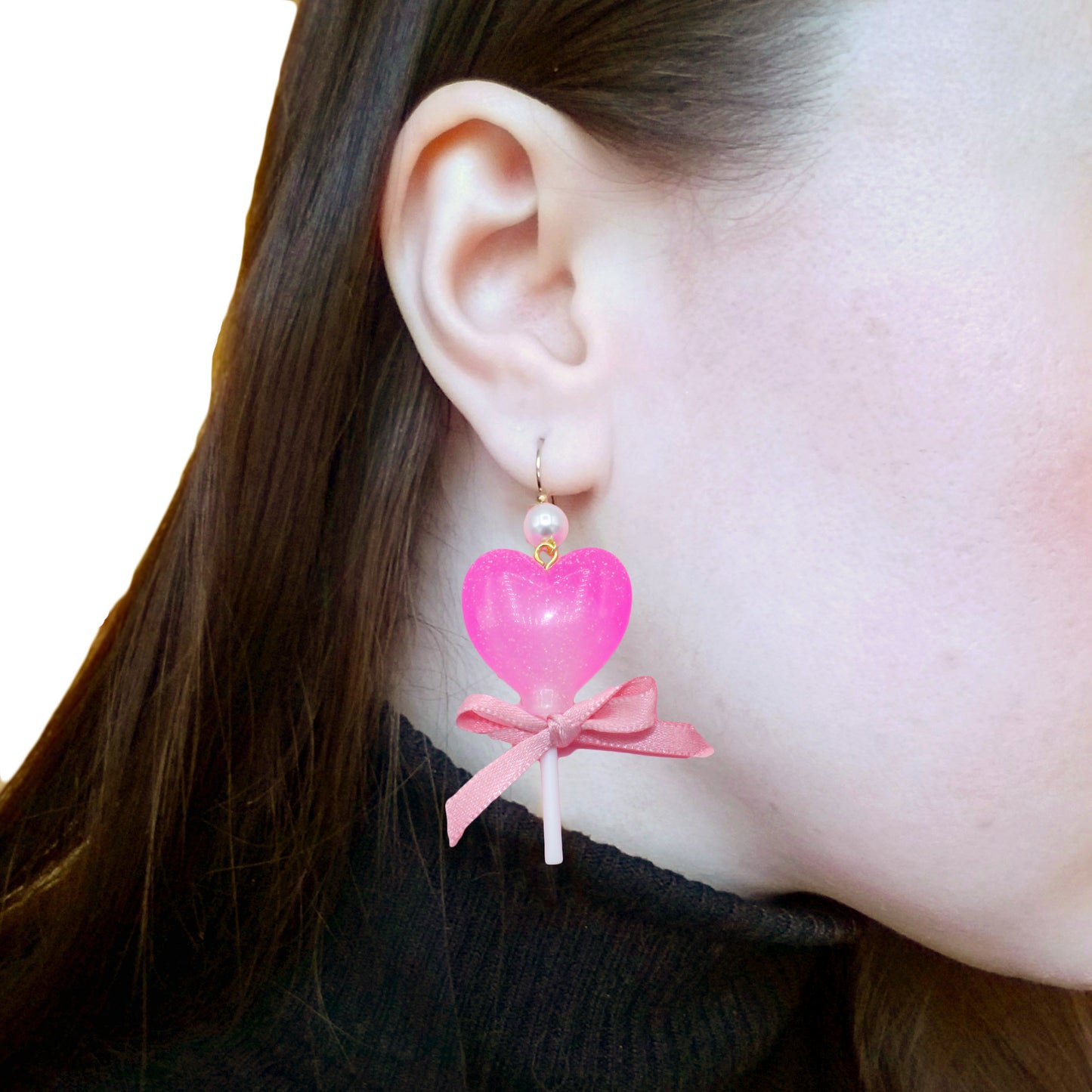 Hot Pink Heart Lollipop Earrings - Gold or Silver - Fatally Feminine Designs