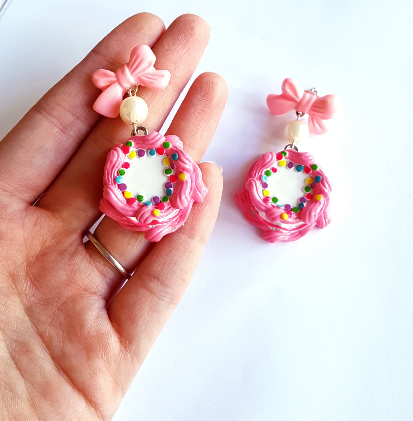 Bow and Pearl Pink Birthday Cake Earrings
