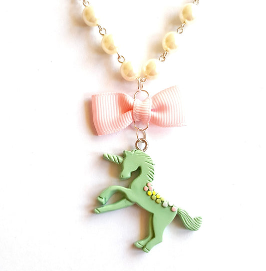 Pastel Unicorn Pearls and Bow Necklace