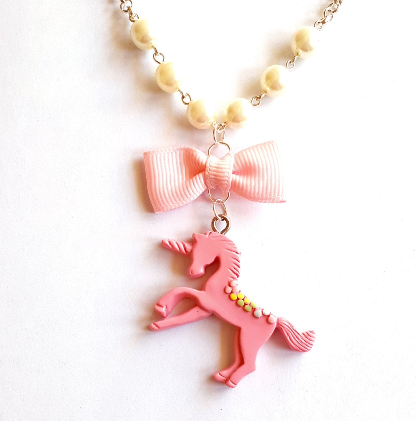Pastel Unicorn Pearls and Bow Necklace