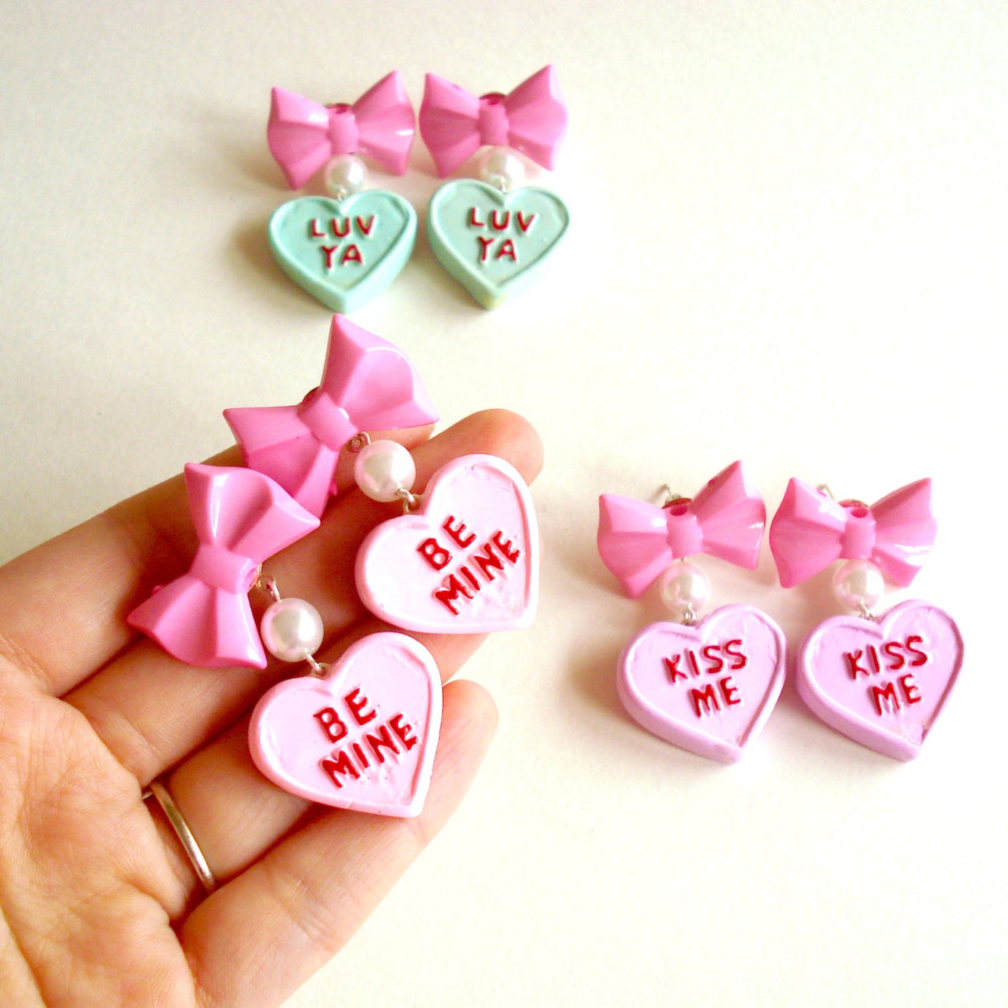 Bow and Pearl Conversation Heart Earrings