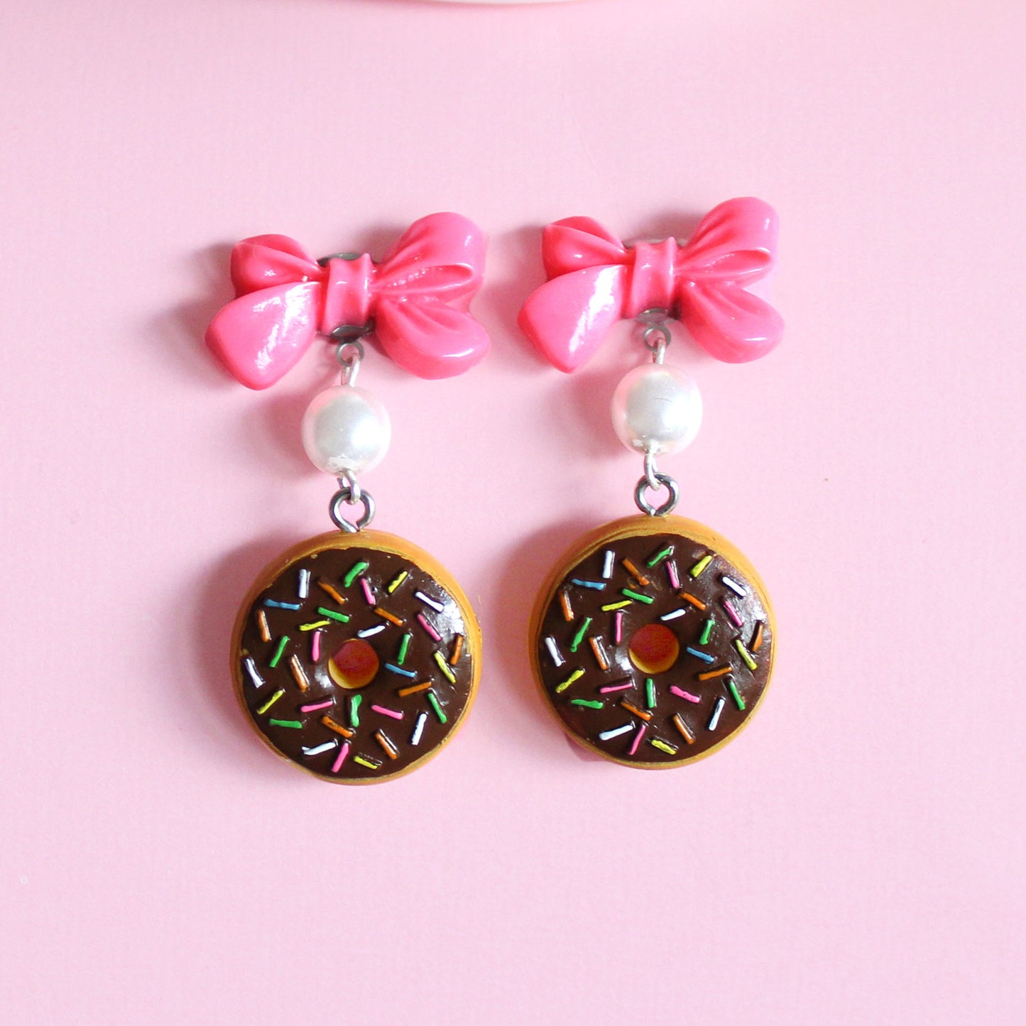 Bow and Pearl Pink Donut Earrings