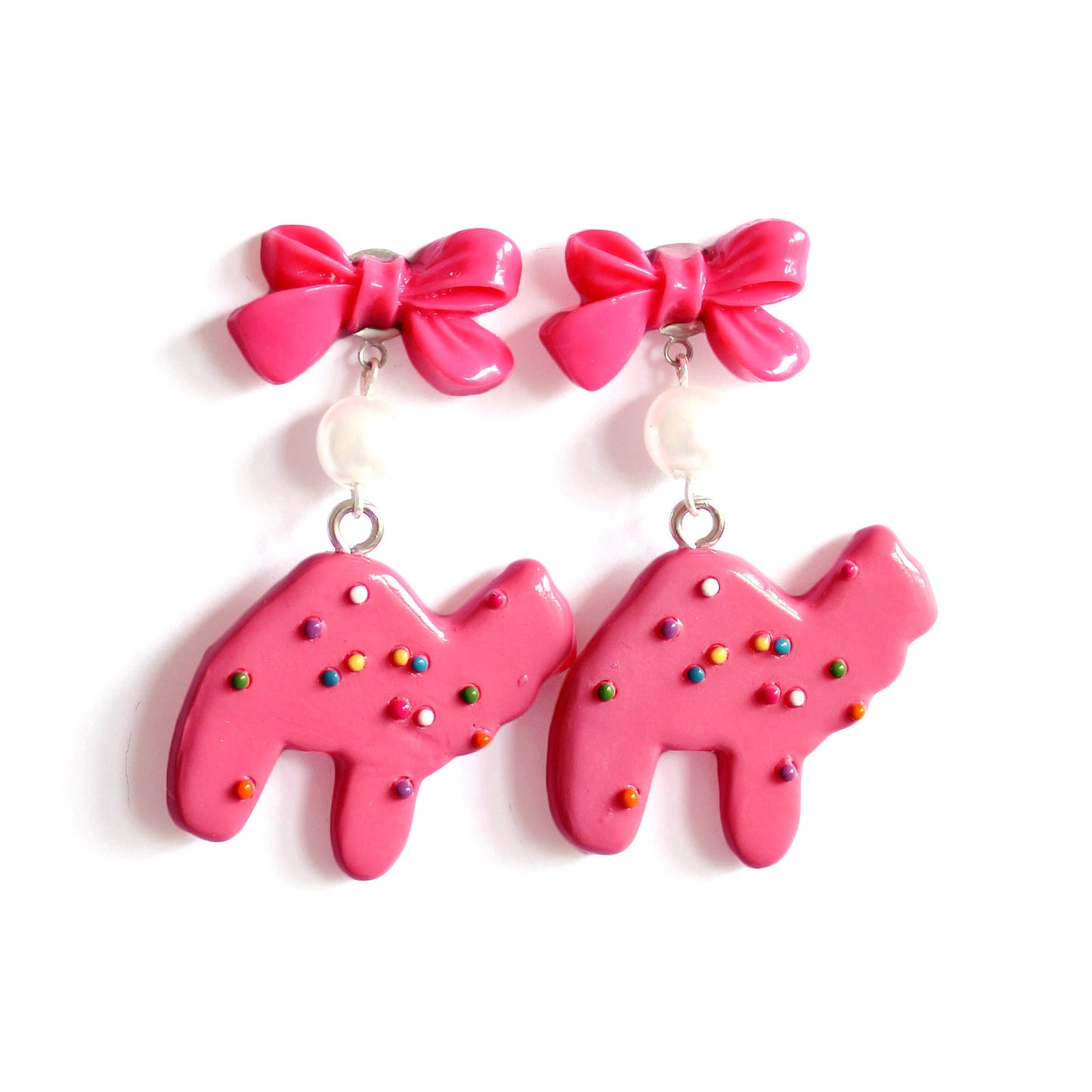 Bow and Pearl Pink Animal Cookie Earrings