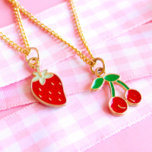Vintage Fruit Charm Necklaces - Strawberry or Cherry