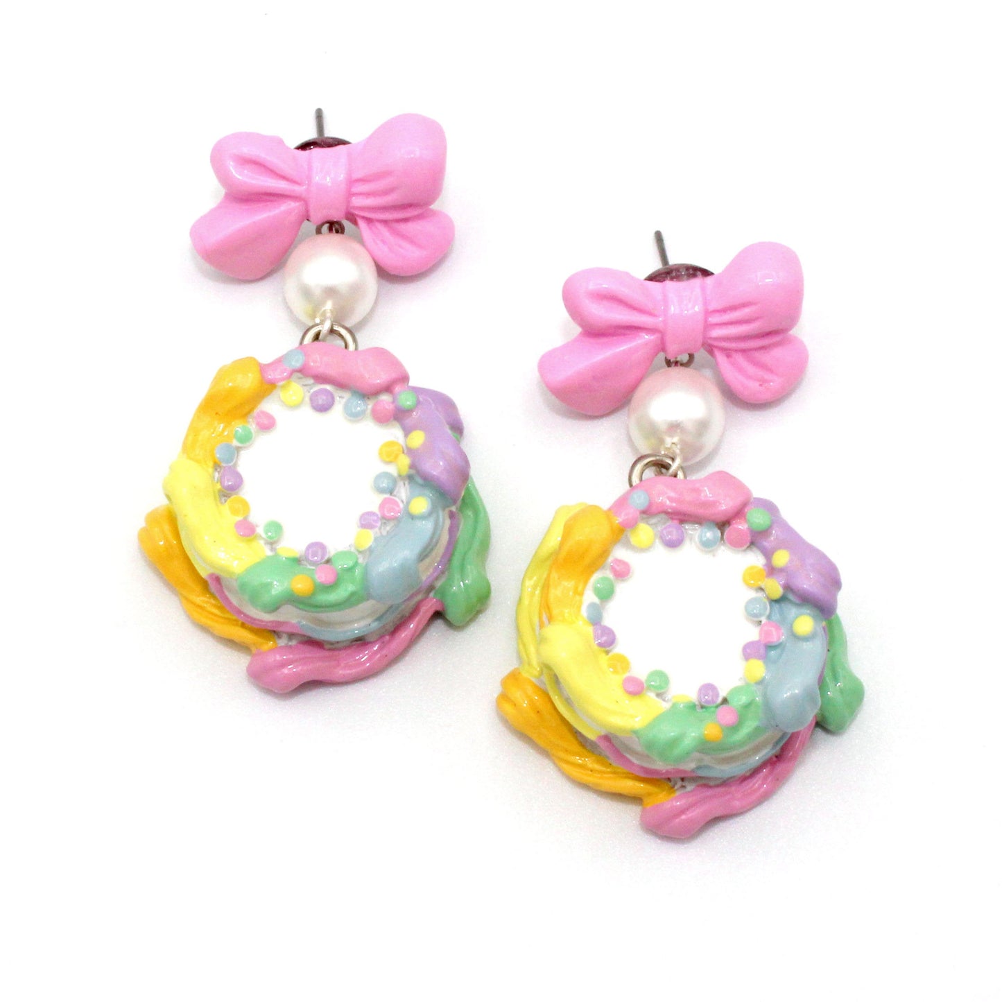 Pastel Rainbow Birthday Cake Bow and Pearl Earrings