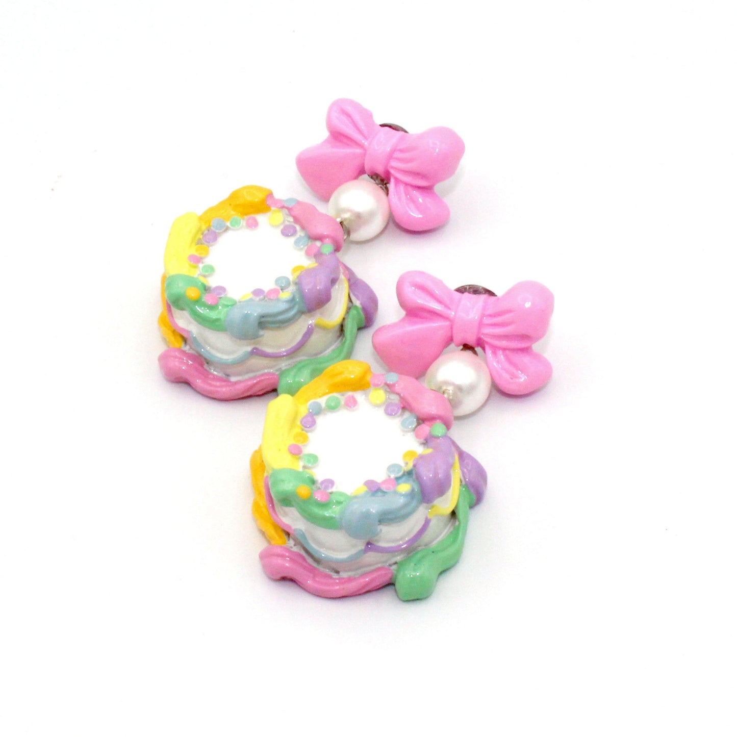 Pastel Rainbow Birthday Cake Bow and Pearl Earrings