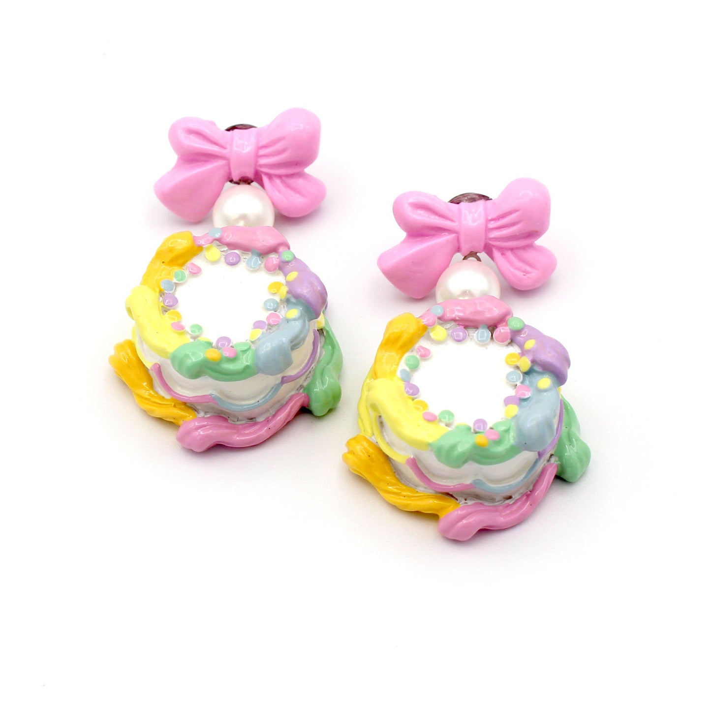 Pastel Rainbow Birthday Cake Bow and Pearl Earrings