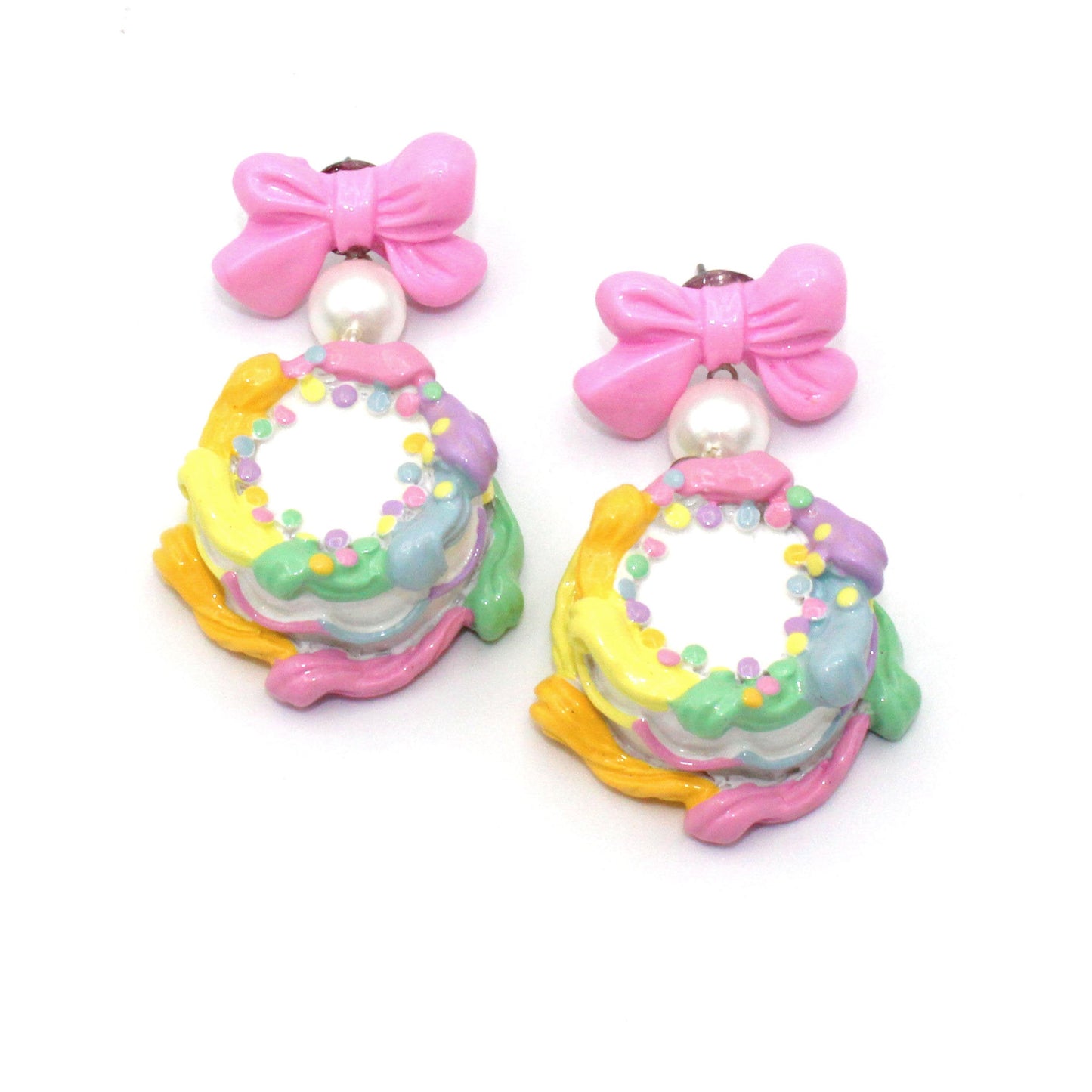 Pastel Rainbow Birthday Cake Bow and Pearl Earrings