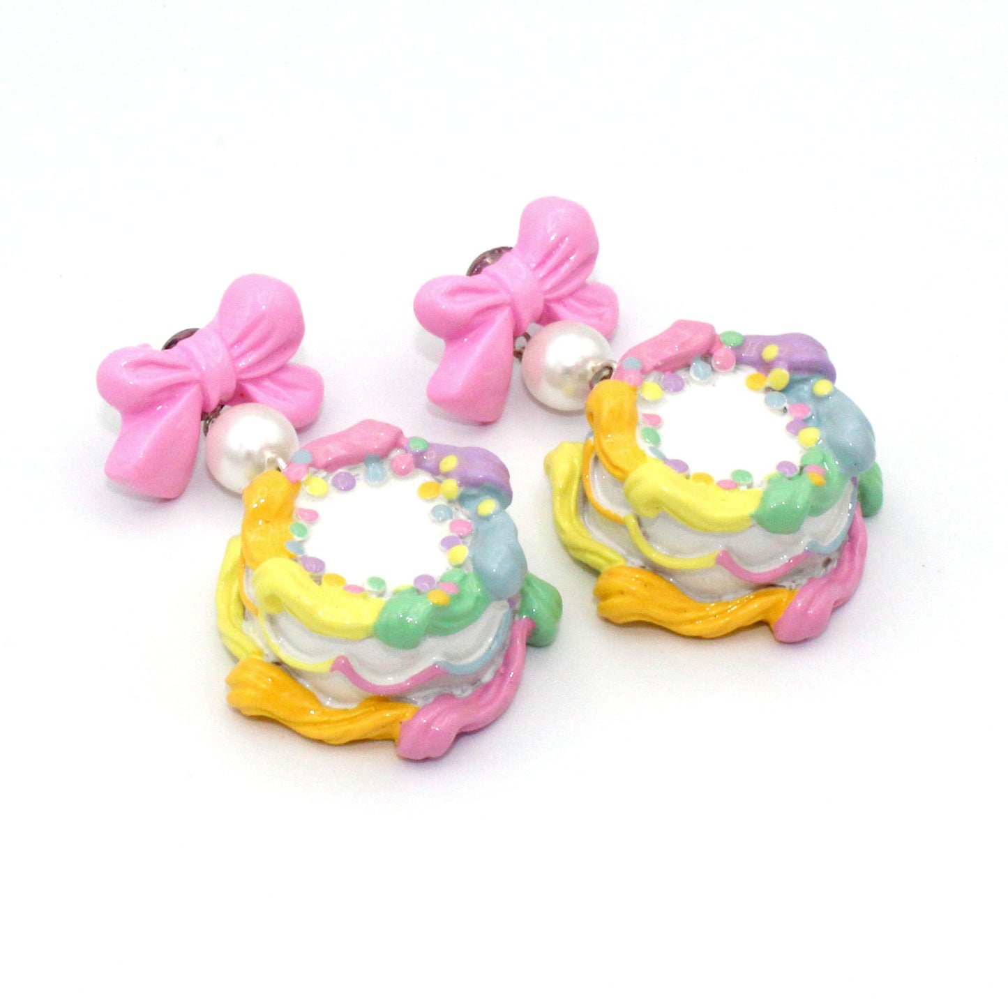 Pastel Rainbow Birthday Cake Bow and Pearl Earrings