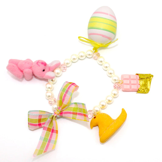 Kawaii Pastel Easter Candy Statement Charm Bracelet, Handmade Glass Pearls & Crystals
