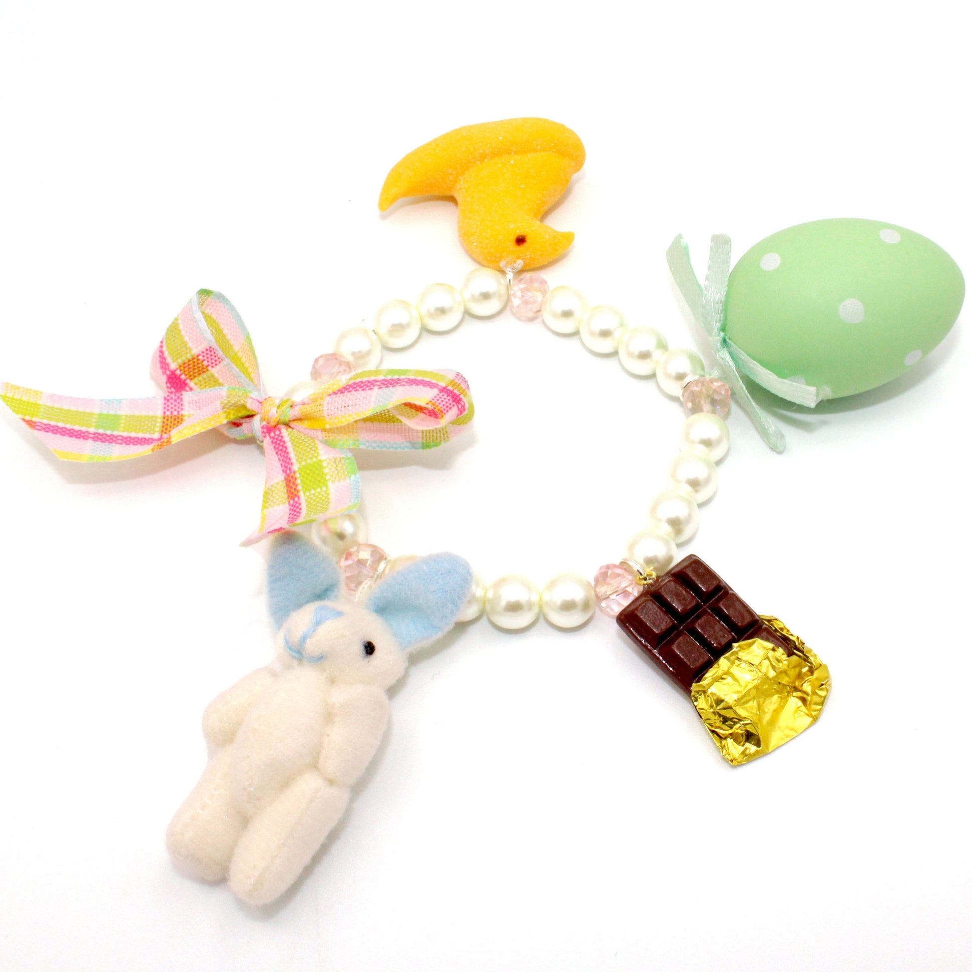 Kawaii Pastel Easter Candy Statement Charm Bracelet, Handmade Glass Pearls & Crystals