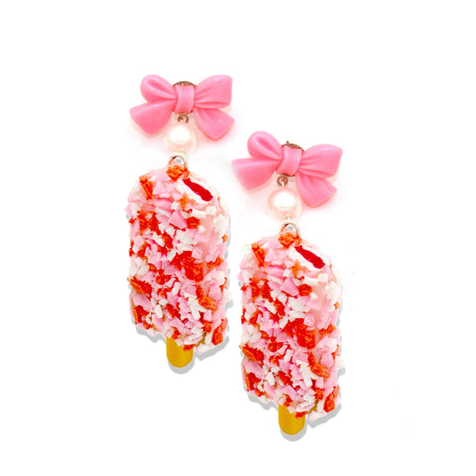 Strawberry Shortcake Ice Cream Bow and Pearl Earrings - Hypoallergenic