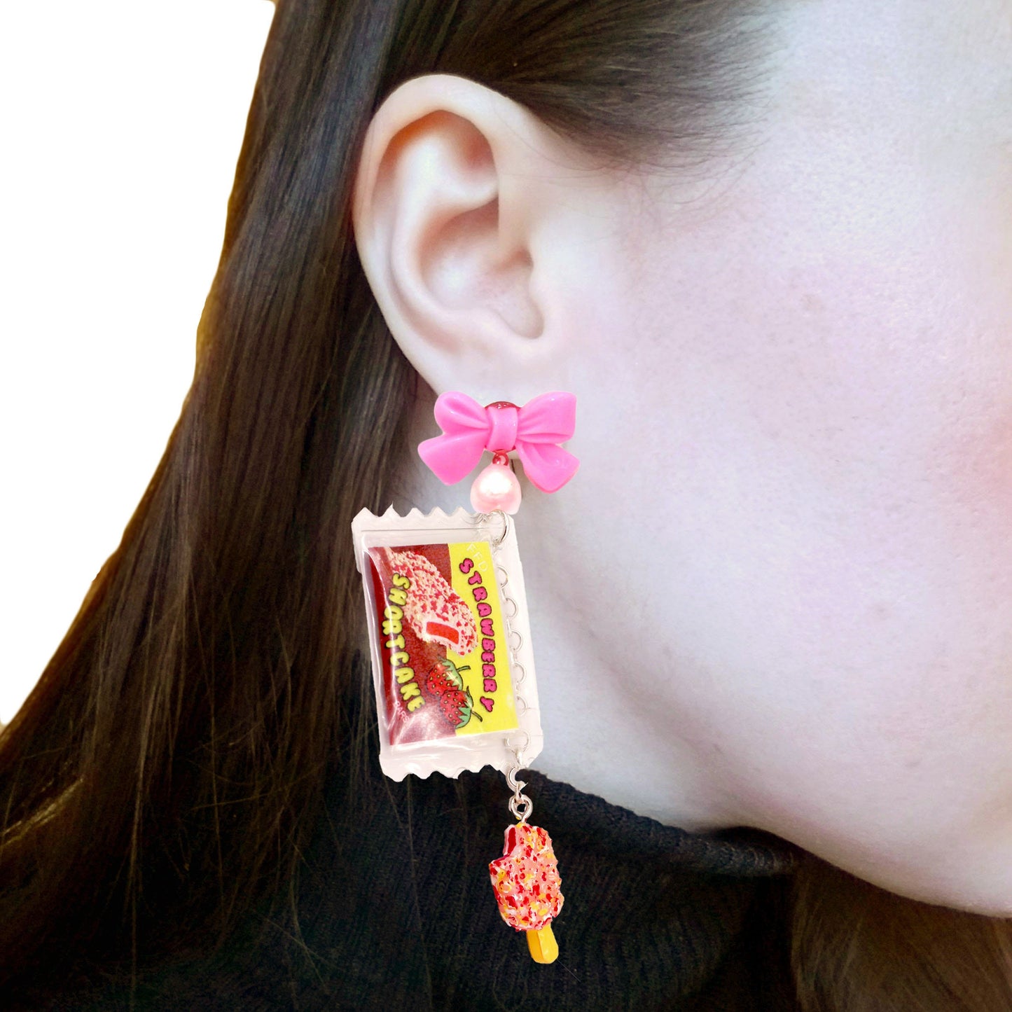 Deluxe Strawberry Shortcake Ice Cream Bag Earrings - Bow & Pearl - Hypoallergenic Steel