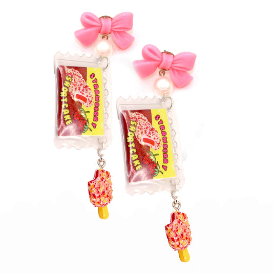 Deluxe Strawberry Shortcake Ice Cream Bag Earrings - Bow & Pearl - Hypoallergenic Steel