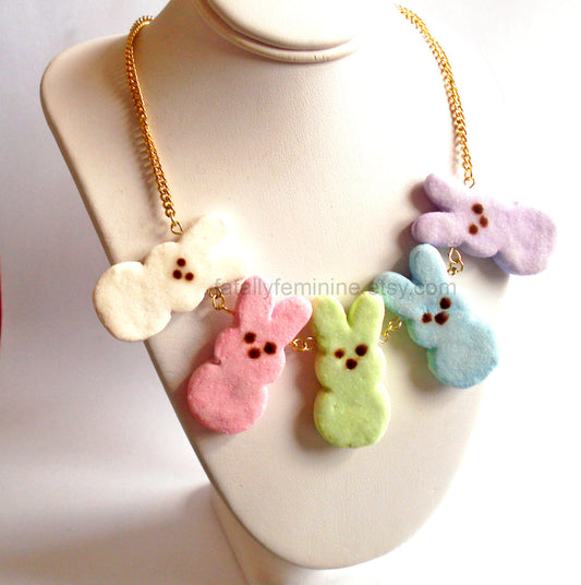 Faux Marshmallow Bunny Statement Charm Necklace, Handmade in the USA