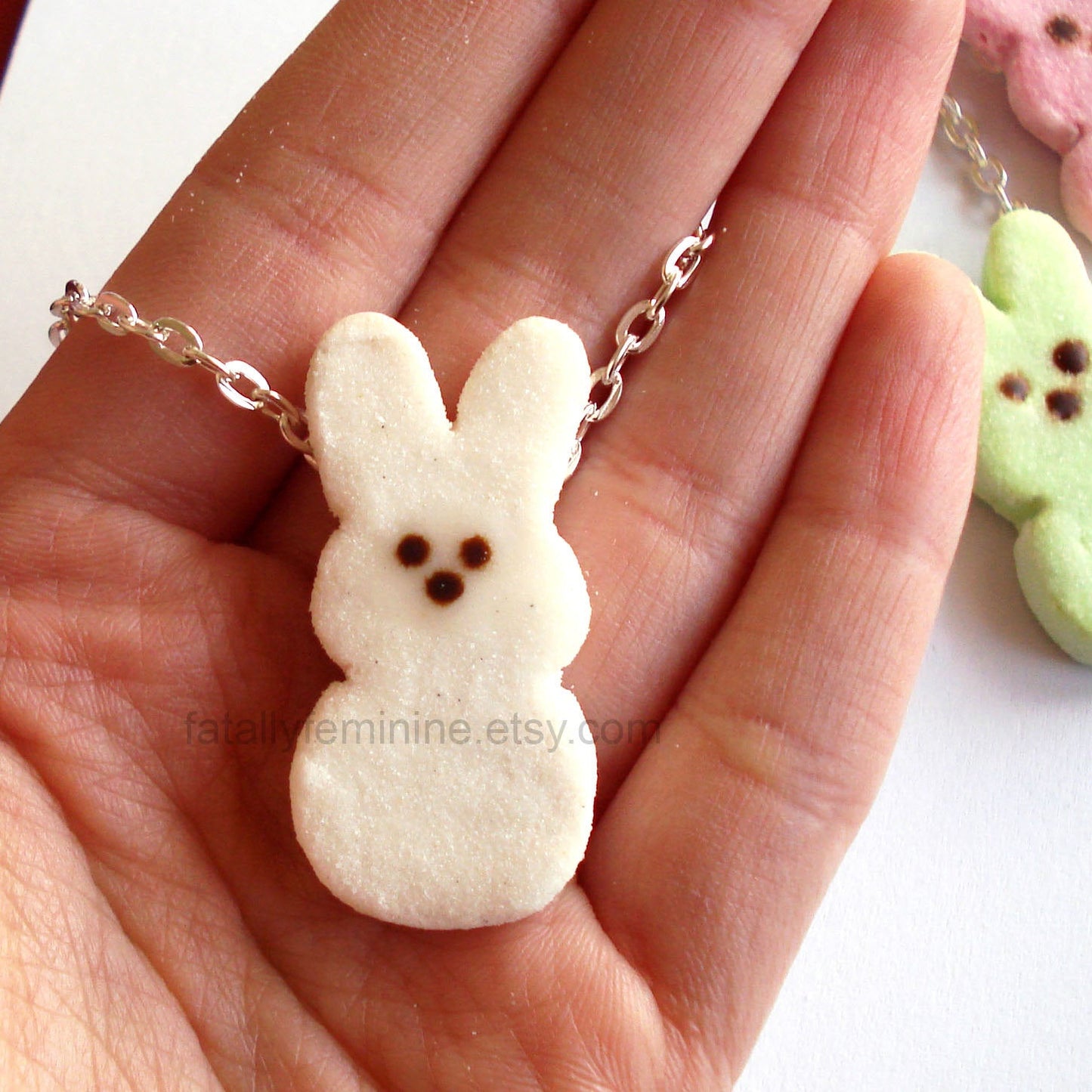 Faux Marshmallow Bunny Chain Necklace, Multiple Colors, Handmade in the USA