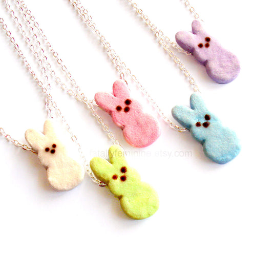 Faux Marshmallow Bunny Chain Necklace, Multiple Colors, Handmade in the USA