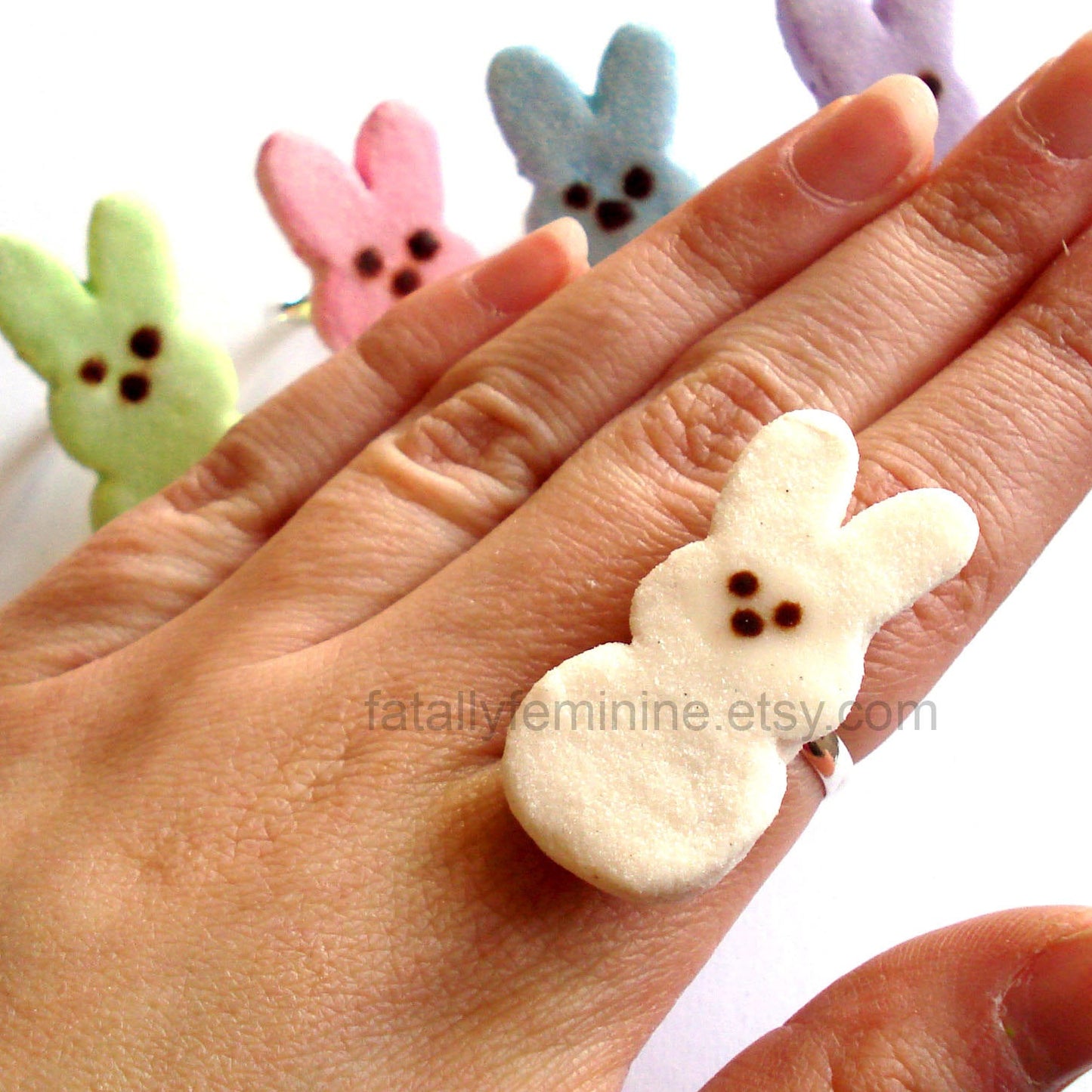Faux Marshmallow Bunny Ring, Adjustable & Nickel Free, Handmade in the USA