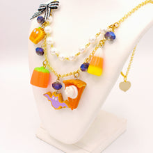 Load image into Gallery viewer, Pumpkin Pie Candy Corn Fall Statement Necklace Gold or Silver Cute Autumn Charm Jewelry Handmade Fatally Feminine Designs
