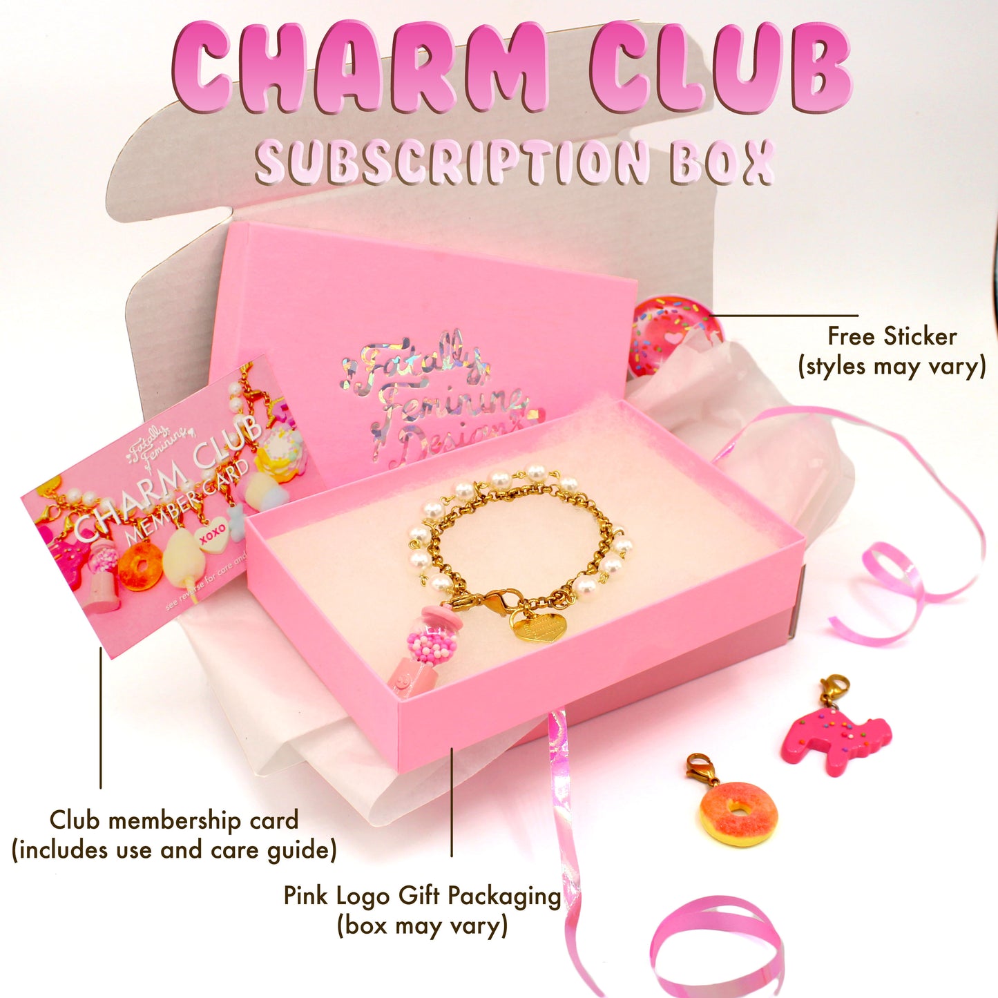 Charm Club Monthly Jewelry Subscription Box, Bracelet or Necklace, Fully Customizable, Fatally Feminine Designs