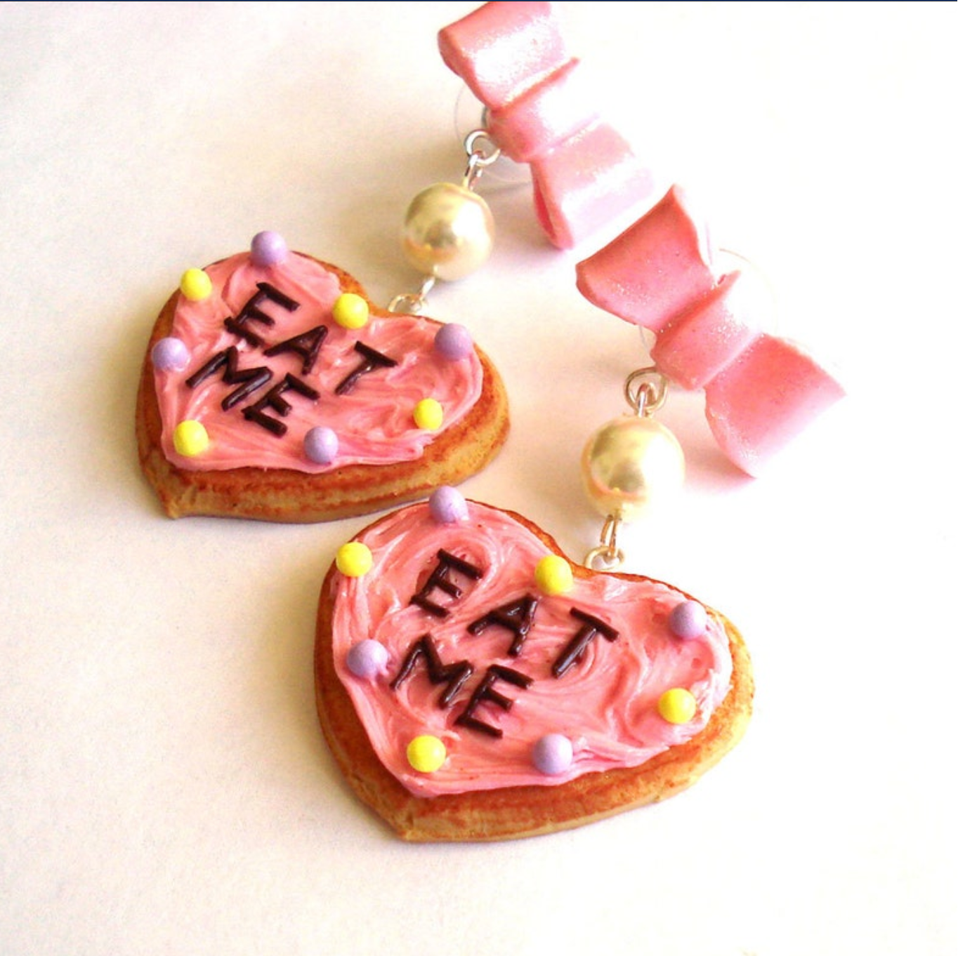 Alice in Wonderland Heart Cookie Statement Earrings, Hypoallergenic Stainess Steel, Handmade in the USA