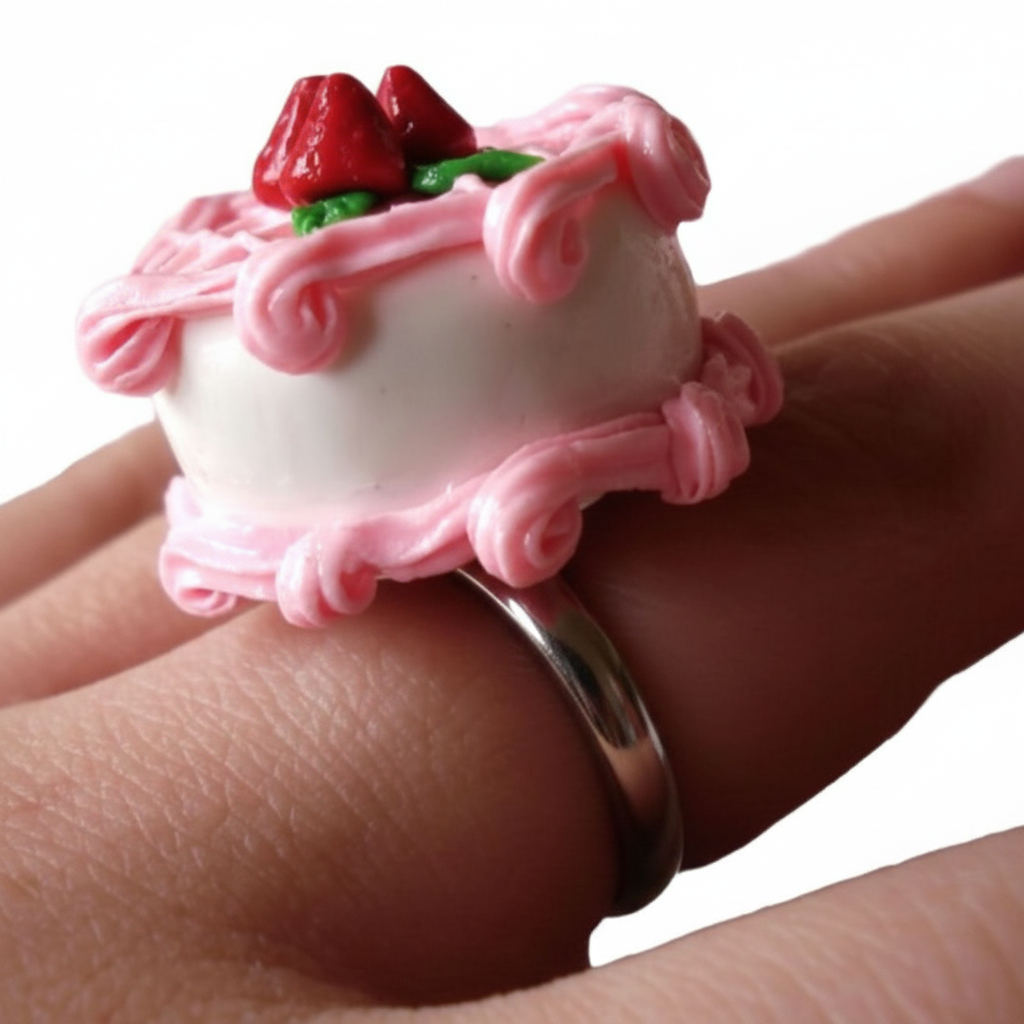 Miniature Pink Strawberry Cake Ring, Special Edition 18th Anniversary, Adjustable Non-Fade Stainless Steel Band