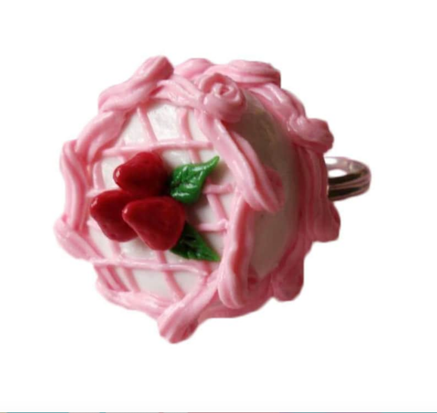 Miniature Pink Strawberry Cake Ring, Special Edition 18th Anniversary, Adjustable Non-Fade Stainless Steel Band