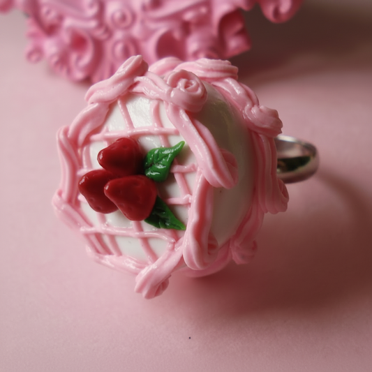 Miniature Pink Strawberry Cake Ring, Special Edition 18th Anniversary, Adjustable Non-Fade Stainless Steel Band