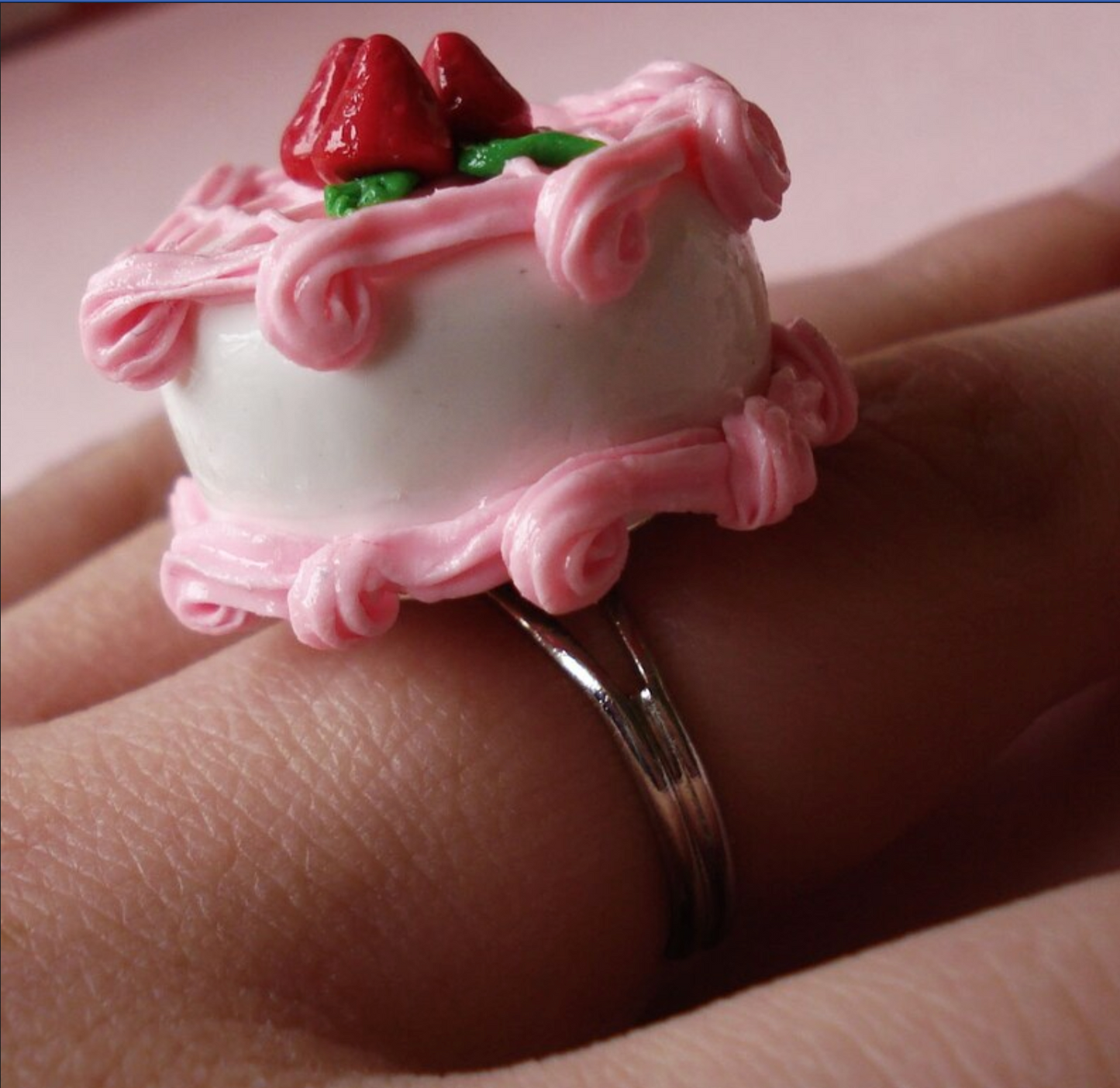 Miniature Pink Strawberry Cake Ring, Special Edition 18th Anniversary, Adjustable Non-Fade Stainless Steel Band