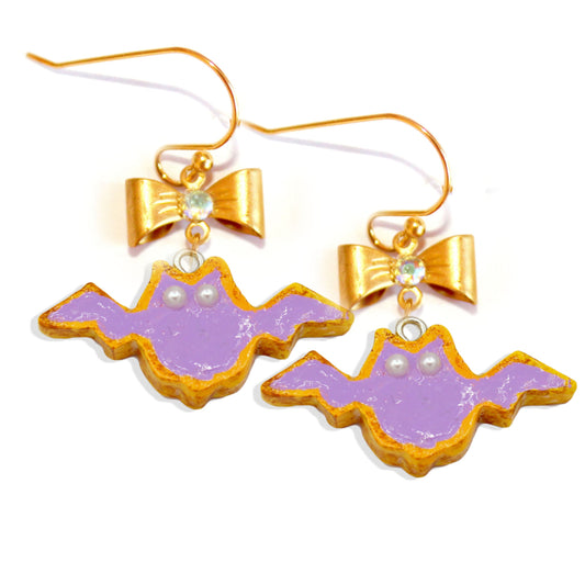 Cute Autumn Drop Earrings Purple Pastel Bat Cookie Charms Gold