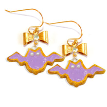 Load image into Gallery viewer, Cute Autumn Drop Earrings Purple Pastel Bat Cookie Charms Gold 
